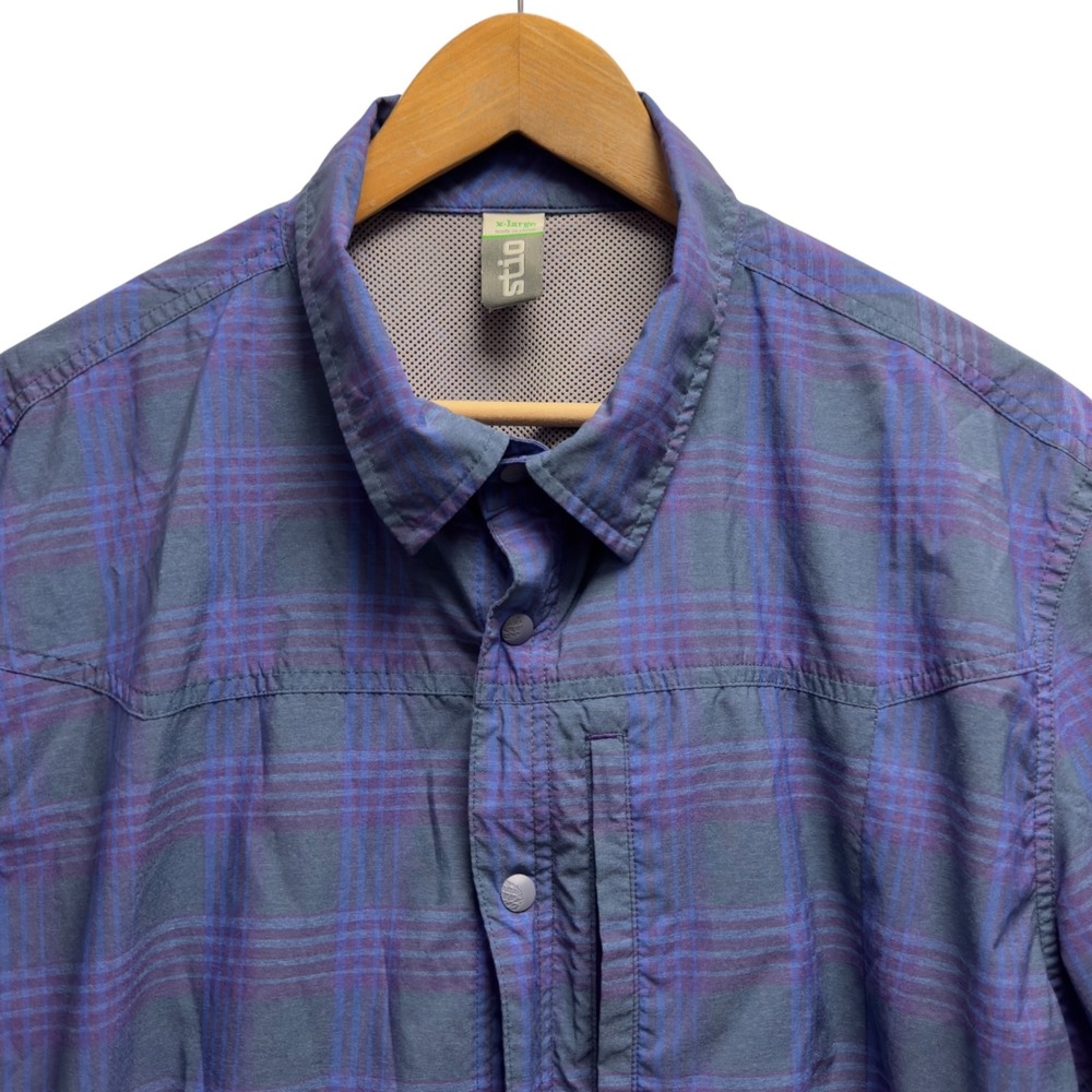Stio Men's XL Blue Purple Plaid Hagen Trail Snap Front Outdoor Hiking Shirt euc